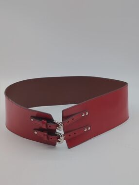 Club Monaco Red Double-Buckle Wide Leather Waist Belt 30 In